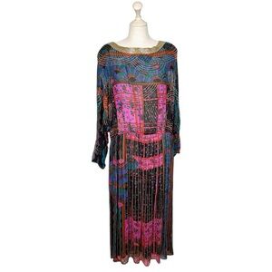 Vintage Judith Ann Creations Beaded Silk Fan Print Dress